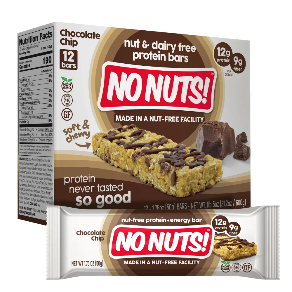 No Nuts! Chocolate Chip Protein Bars box, angled with bar